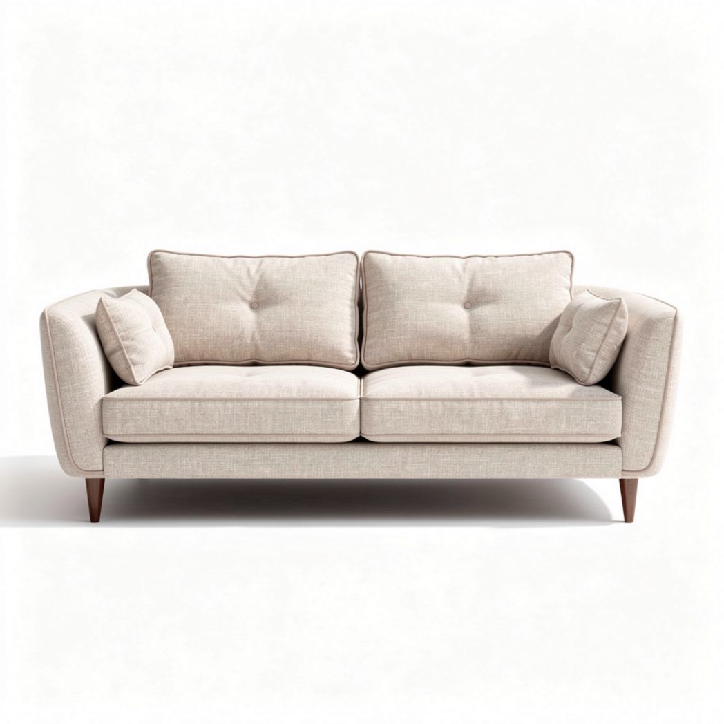 Zithoek bank in lichtbeige stof met houten poten 200 x 90 x 80cm