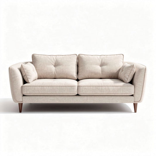 Zithoek bank in lichtbeige stof met houten poten 200 x 90 x 80cm