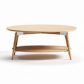Ovale salontafel van hout met een onderblad en een afmeting van 120 x 60 x 45cm