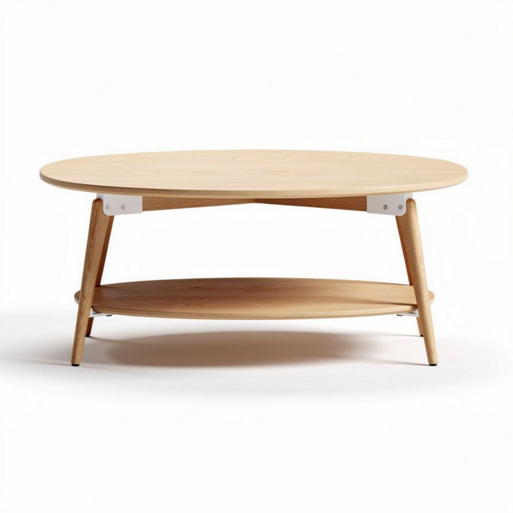 Ovale salontafel van hout met een onderblad en een afmeting van 120 x 60 x 45cm
