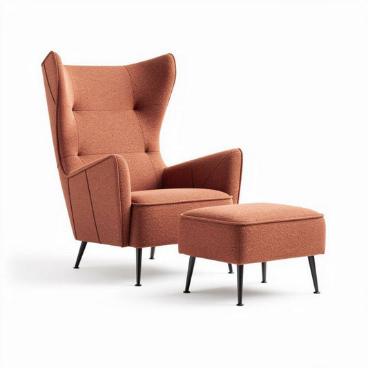 Fauteuil met voetensteun in oranje stof zwart metalen poten 80 x 80 x 100cm