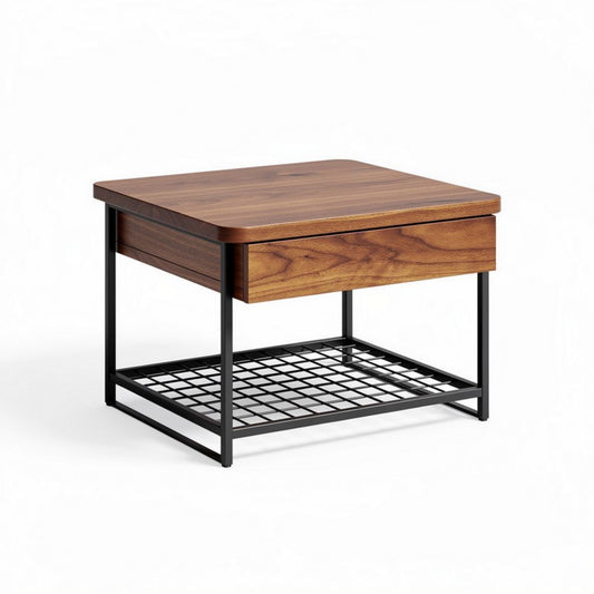 Houten salontafel met metalen onderstel en lade 50 x 50 x 45 cm