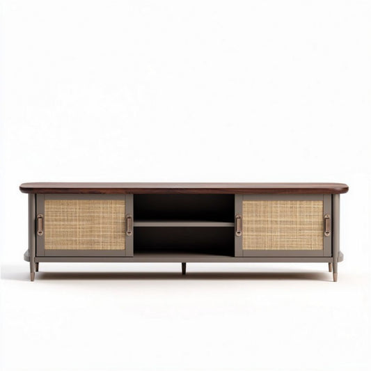 TV meubel van grijs hout en rotan met afmetingen 180 x 40 x 50cm