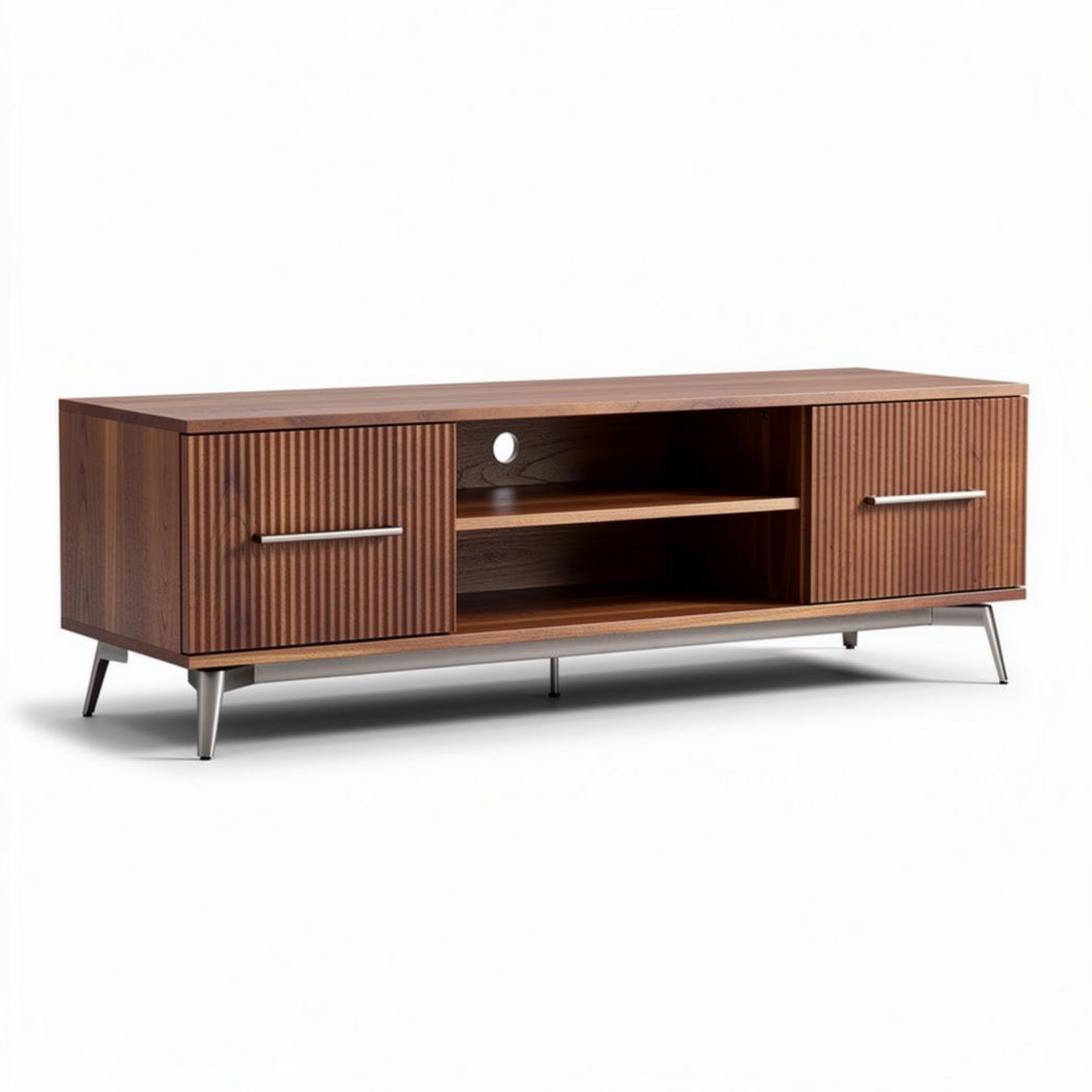 houten televisie meubel met ribbelstructuur en metalen poten 150 x 40 x 50cm