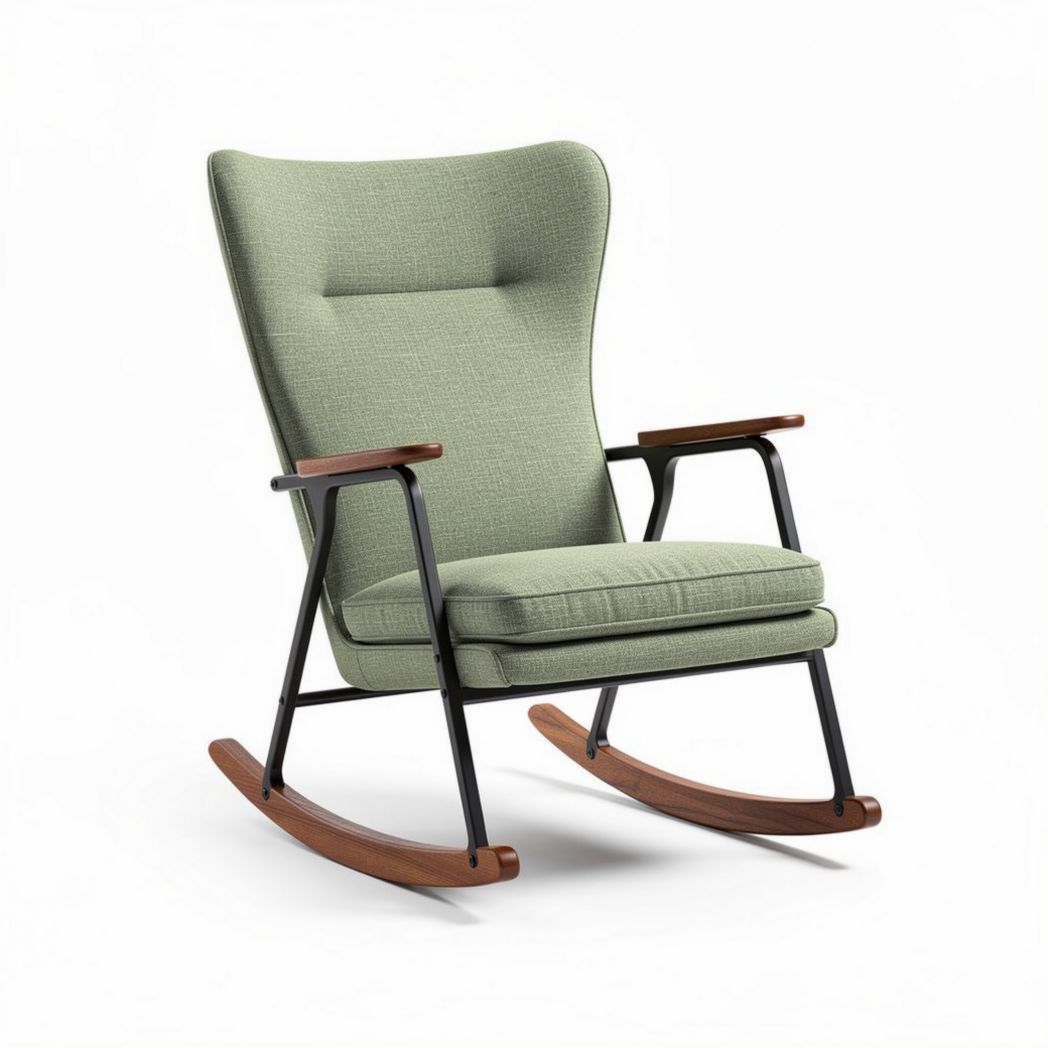 Schommeltstoel van groen stof met stalen frame en houten armleuningen 85 x 65 x 100cm